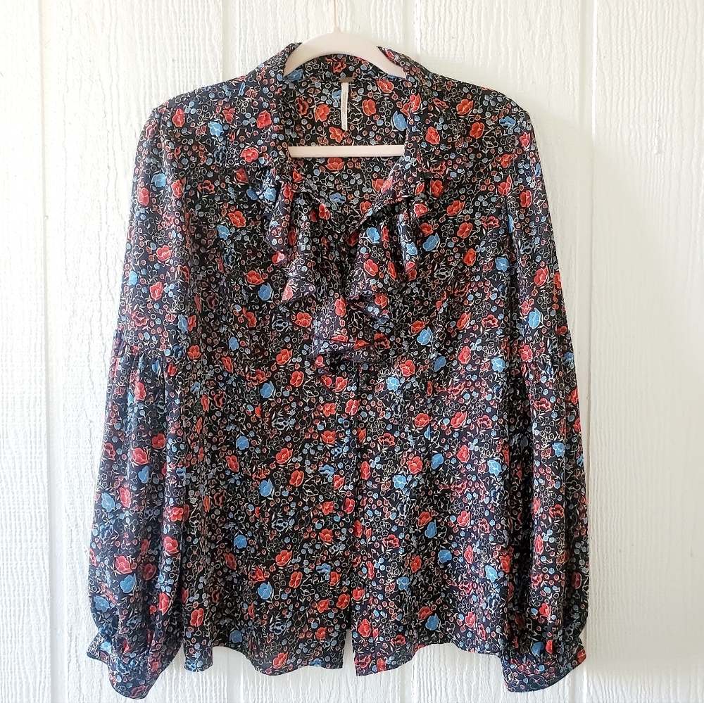 Free People Rose Print Ruffled Button Down Peasant Top Longsleeve Black Medium